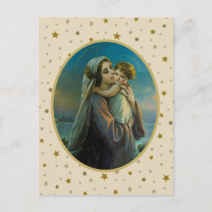Jungfrau Mary und Baby Jesus auf dem Sternenhimmel Feiertagspostkarte