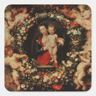 Jungfrau mit einer Girlande der Blumen, c.1618-20 Quadratischer Aufkleber