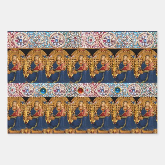 JUNGFRAU MIT KIND, KINDERN UND SITZEN, ROTEN BLAUE GESCHENKPAPIER SET (Vorderseite 3)