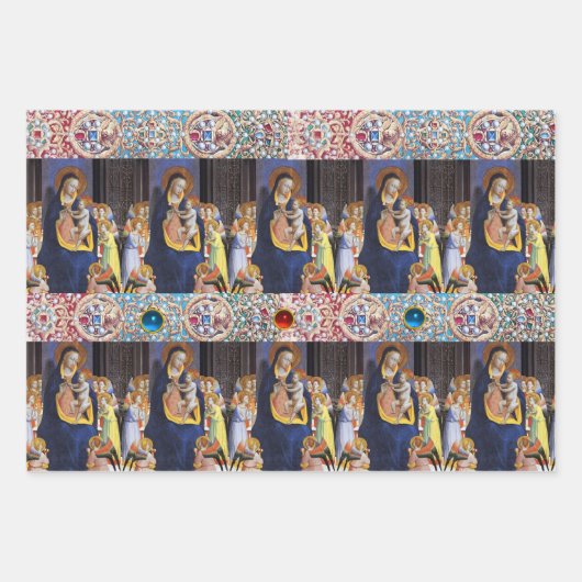 JUNGFRAU MIT KIND, KINDERN UND SITZEN, ROTEN BLAUE GESCHENKPAPIER SET (Vorderseite)