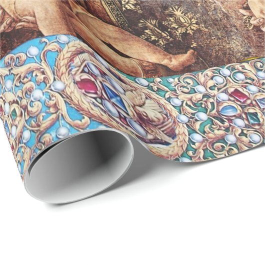 JUNGFRAU MIT KIND, ROTEN BLAUEN GEMSTONS, WEISSEN  GESCHENKPAPIER (Rolleneckpunkt)