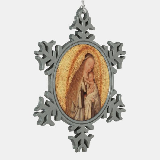 JUNGFRAU MIT KIND SCHNEEFLOCKEN Zinn-Ornament (Links)