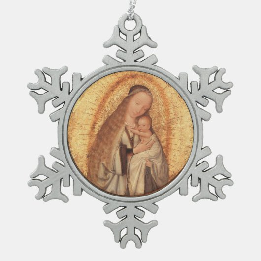 JUNGFRAU MIT KIND SCHNEEFLOCKEN Zinn-Ornament (Vorderseite)