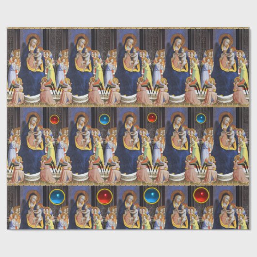 JUNGFRAU MIT KIND, SITZEN, ANGELN, ROTEN BLUE GEMS GESCHENKPAPIER (Flach)