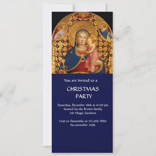 JUNGFRAU MIT KIND UND ANGELN, Blaugoldmetall Einladung (Rückseite)