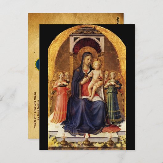 JUNGFRAU MIT KIND UND ANGELN, Pergament Postkarte (Vorne/Hinten)