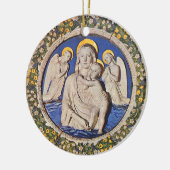 JUNGFRAU MIT KIND- UND ENGEL rundem blauem Saphir Keramikornament (Links)