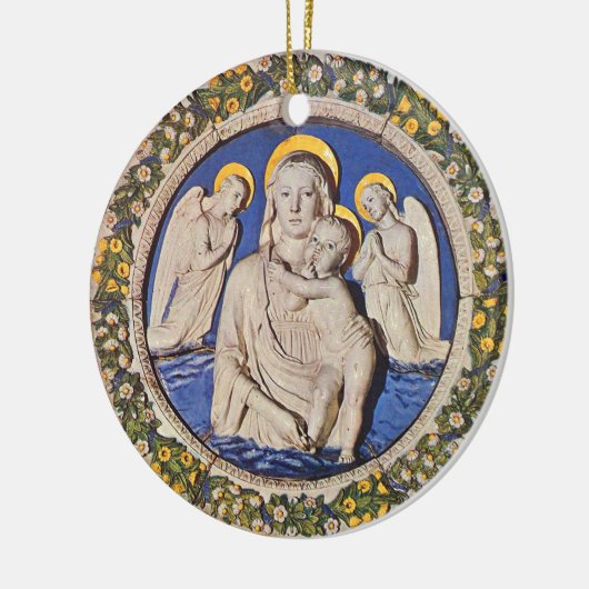 JUNGFRAU MIT KIND- UND ENGEL rundem blauem Saphir Keramikornament (Links)