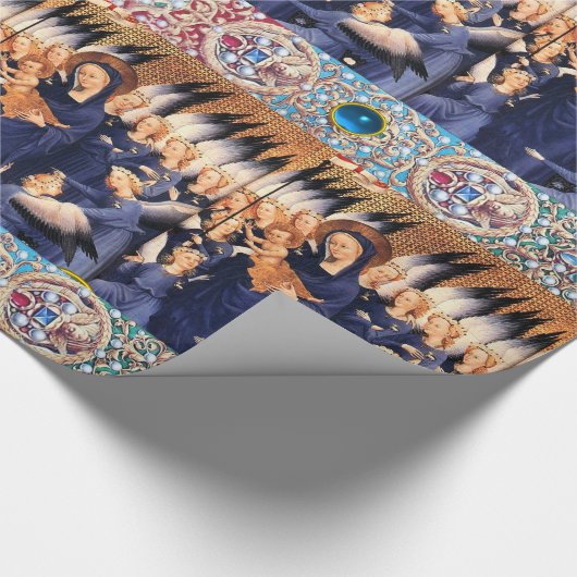 JUNGFRAU MIT KIND UND ENGELN, ROTE BLAUE GESCHENKPAPIER (Ecke)