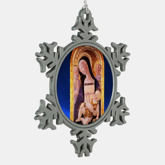 JUNGFRAU MIT KIND UND SITZEN, Blauer Saphir Schneeflocken Zinn-Ornament (Links)