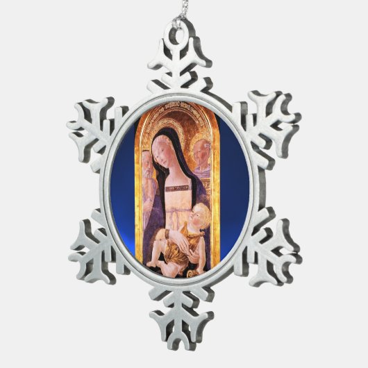 JUNGFRAU MIT KIND UND SITZEN, Blauer Saphir Schneeflocken Zinn-Ornament (Rechts)