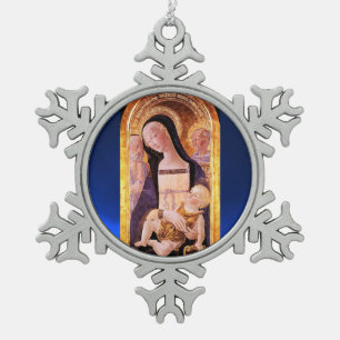 JUNGFRAU MIT KIND UND SITZEN, Blauer Saphir Schneeflocken Zinn-Ornament