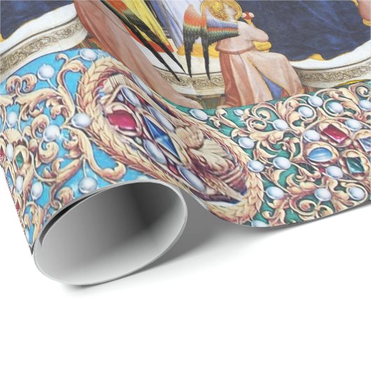 JUNGFRAU MIT KIND UND SITZEN, ROT BLAUE GEMSTONS GESCHENKPAPIER (Rolleneckpunkt)