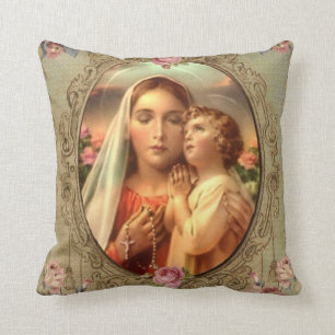 Jungfrau Mutter Maria Baby Jesus Goldener Rosenkra Kissen