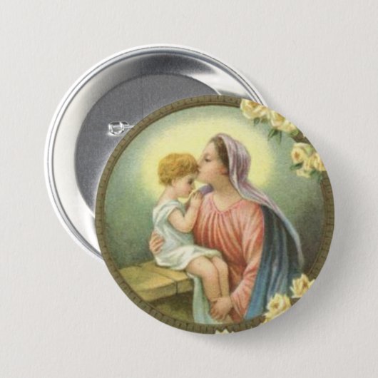 Jungfrau-Mutter Mary, welche die Baby-Jesus-Rosen Button (Vorne & Hinten)