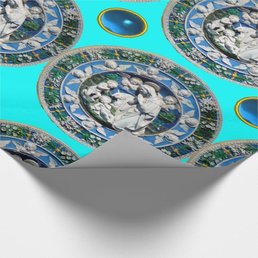 JUNGFRAU UND KIND MIT ANGELN, Türkisblau Geschenkpapier (Ecke)