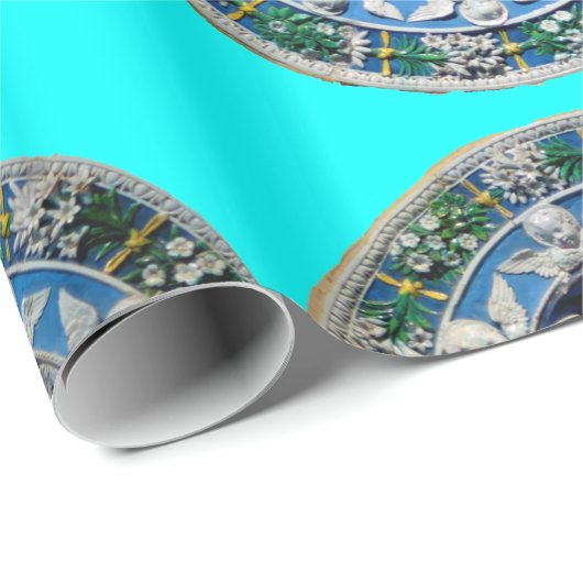 JUNGFRAU UND KIND MIT ANGELN, Türkisblau Geschenkpapier (Rolleneckpunkt)