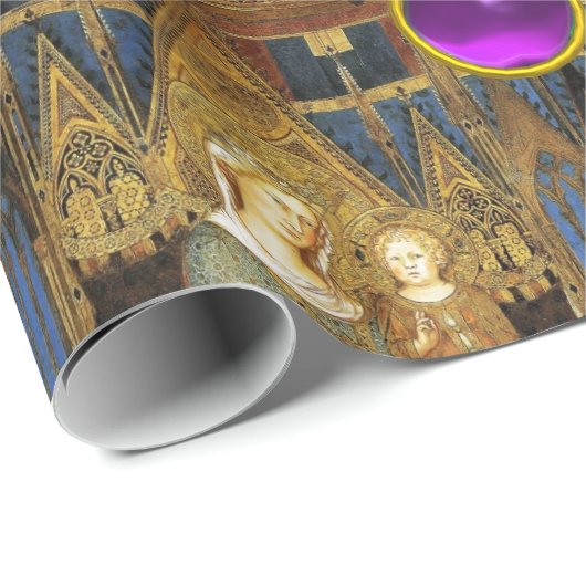 JUNGFRAU UND KIND MIT BLAU, PINK, LILA GEMSTONEN GESCHENKPAPIER (Rolleneckpunkt)