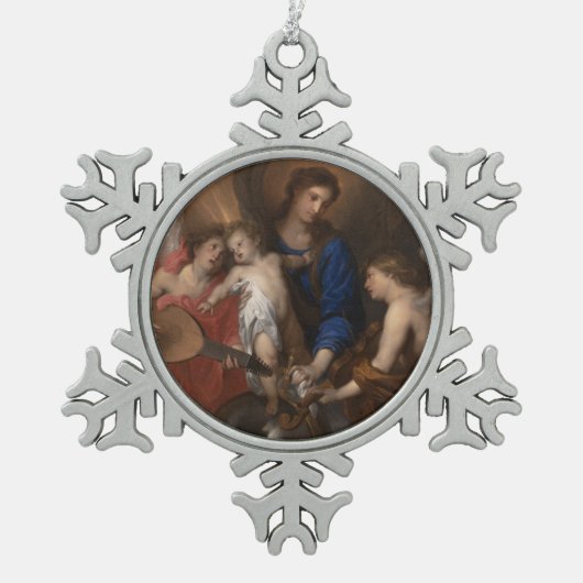 Jungfrau und Kind mit der Musik, die Engel macht Schneeflocken Zinn-Ornament (Vorderseite)
