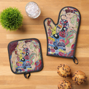Jungfrau (Virgin), Gustav Klimt, Vintage Art Nouve Ofenhandschuh & Topflappen-Set