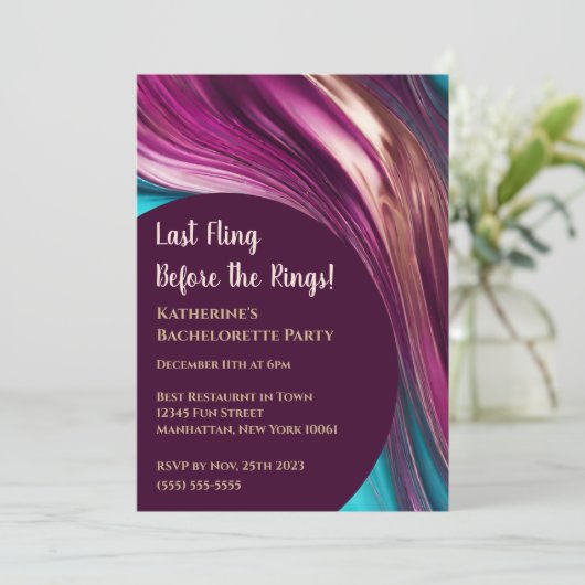 Junggeselinnen-Abschied-Abstrakt-Magenta Türkisgol Einladung (Stehend Vorderseite)