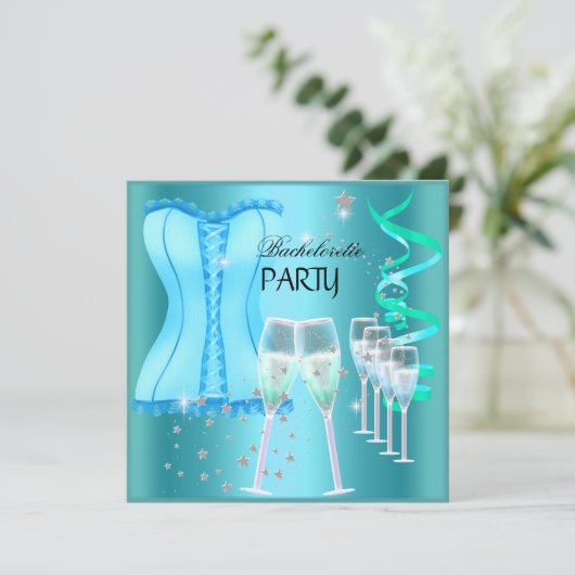 Junggeselinnen-Abschied Aquamarin Blue Corset Cham Einladung (Stehend Vorderseite)