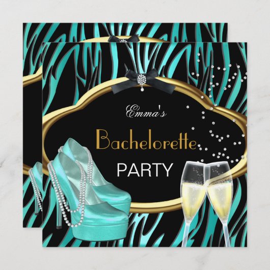 Junggeselinnen-Abschied Aquamarin Blue Gold Black  Einladung (Vorne/Hinten)