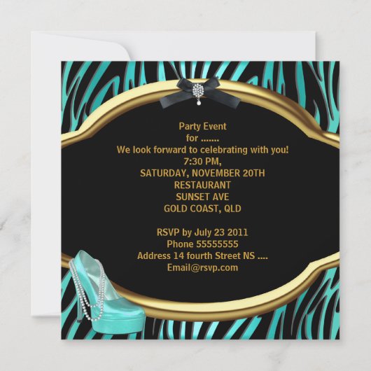 Junggeselinnen-Abschied Aquamarin Blue Gold Black  Einladung (Rückseite)