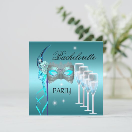 Junggeselinnen-Abschied Aquamarin Blue Mask Champa Einladung (Stehend Vorderseite)