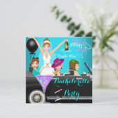 Junggeselinnen-Abschied Aquamarin Spaß Limo Auto C Einladung (Stehend Vorderseite)