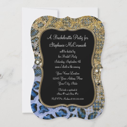 Junggeselinnen-Abschied Blue Gold Leopard Animal P Einladung (Rückseite)