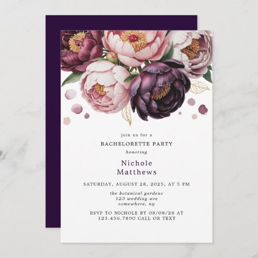 Junggeselinnen-Abschied Blush and Pum Peony Einladung (Vorne/Hinten)