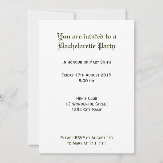 Junggeselinnen-Abschied Custom Einladung (Rückseite)