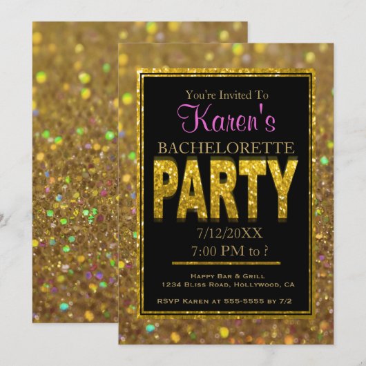 Junggeselinnen-Abschied Einladung | Gold-Glitzer (Vorne/Hinten)
