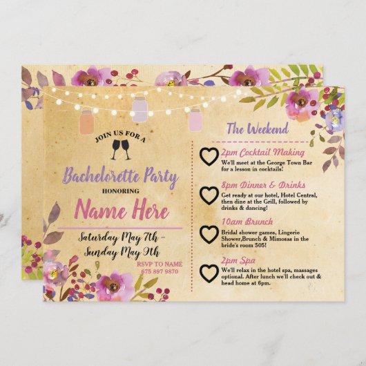 Junggeselinnen-Abschied Floral Jars Pink Wood Programm (Vorne/Hinten)