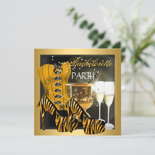 Junggeselinnen-Abschied Gold Black Corset Zebra Sh Einladung (Stehend Vorderseite)