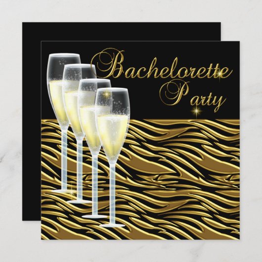 Junggeselinnen-Abschied Gold Champagne Black Einladung (Vorne/Hinten)