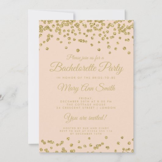 Junggeselinnen-Abschied Gold Glitzer Confetti Blus Einladung (Vorderseite)