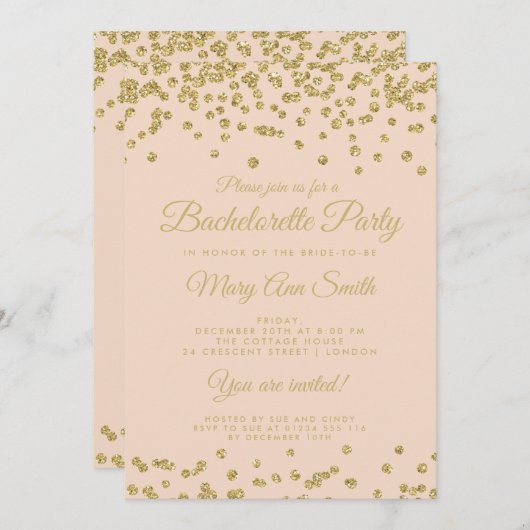 Junggeselinnen-Abschied Gold Glitzer Confetti Blus Einladung (Vorne/Hinten)