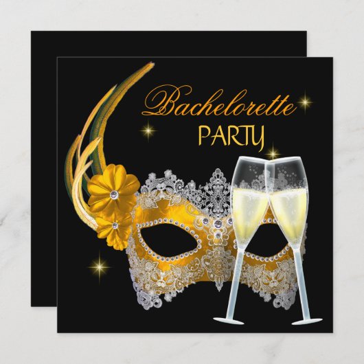 Junggeselinnen-Abschied Gold Mask Champagne Black Einladung (Vorne/Hinten)