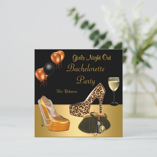 Junggeselinnen-Abschied Gold Schuhe Hi Heelse Wein Einladung (Stehend Vorderseite)