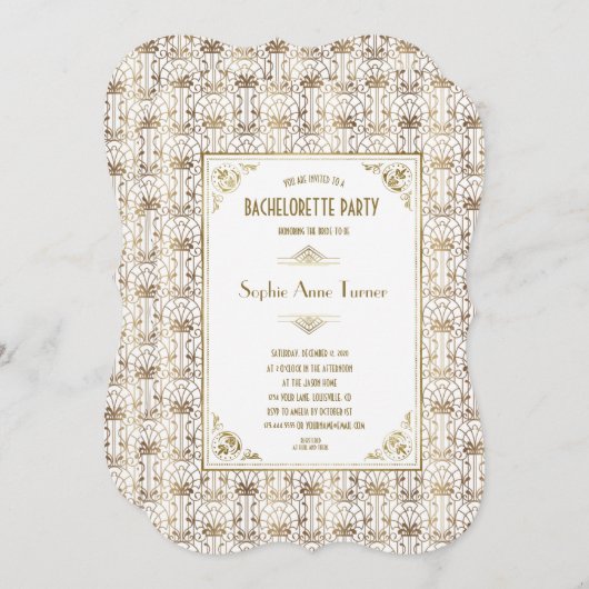 Junggeselinnen-Abschied | Gold White Art Déco der Einladung (Vorne/Hinten)