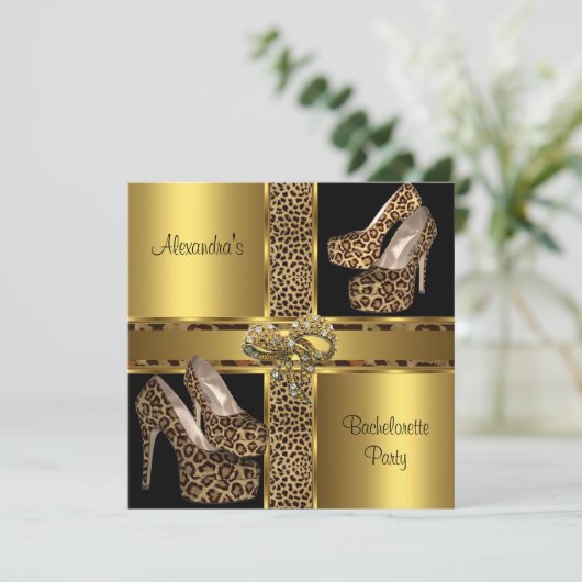 Junggeselinnen-Abschied Hi Heel Schuhe Leopard Gol Einladung (Stehend Vorderseite)