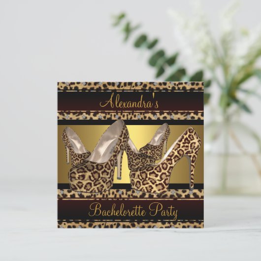Junggeselinnen-Abschied Hi Heel Schuhe Leopard Gol Einladung (Stehend Vorderseite)