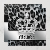 Junggeselinnen-Abschied Invite Leopard Black Crown Einladung (Vorne/Hinten)