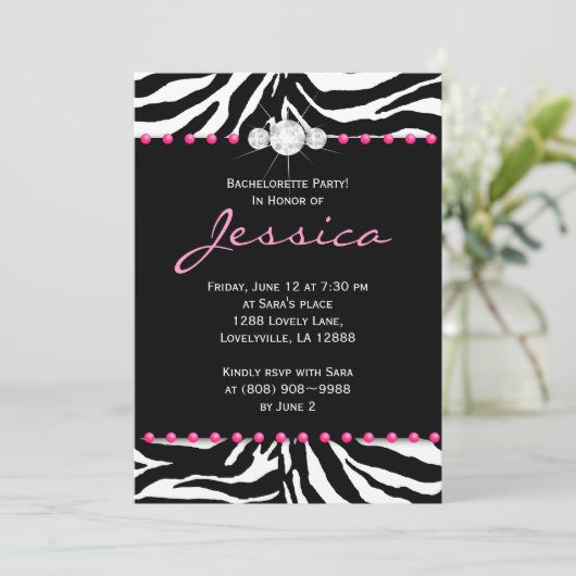Junggeselinnen-Abschied Invite Zebra Pink Juwelier Einladung (Stehend Vorderseite)