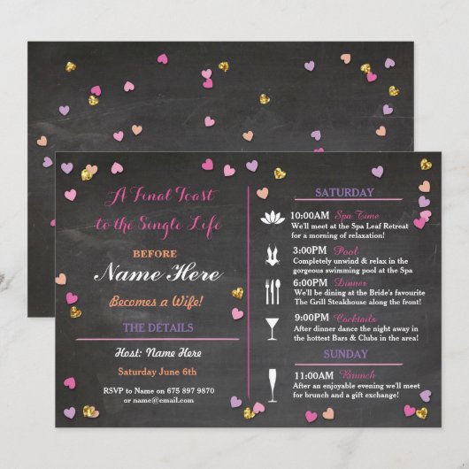 Junggeselinnen-Abschied Itinerary Brautparty Einla Programm (Vorne/Hinten)
