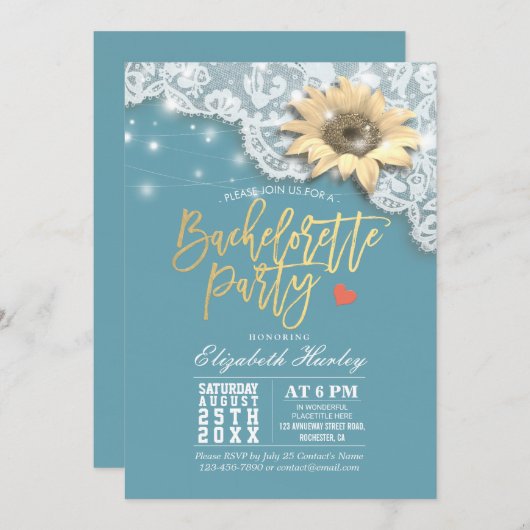 Junggeselinnen-Abschied Lace Sonnenblumen String L Einladung (Vorne/Hinten)