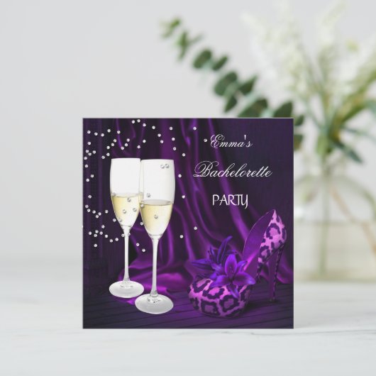 Junggeselinnen-Abschied Lila Leopard Black Shoes Einladung (Stehend Vorderseite)