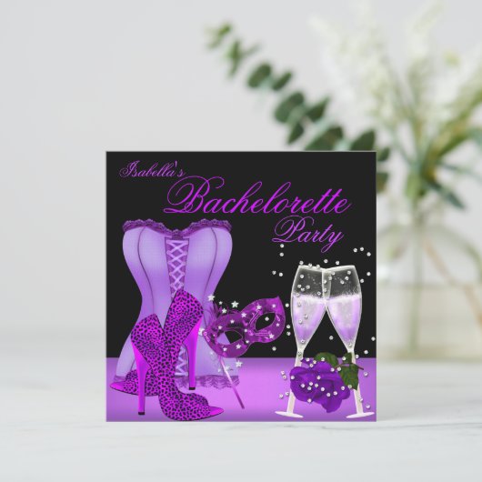 Junggeselinnen-Abschied Lila Mask Leopard Heel Cor Einladung (Stehend Vorderseite)